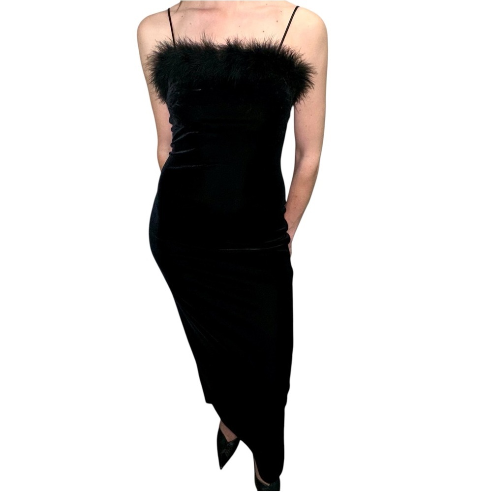 Vintage Roberta Black Velvet & Marabou Feather Slip Evening Gown